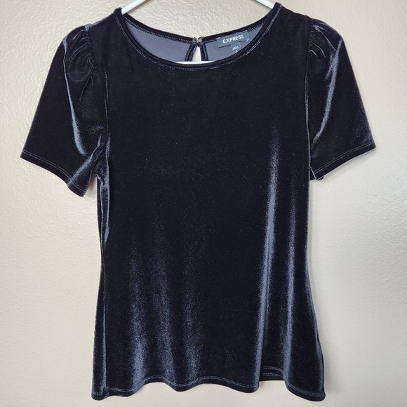 Express Tops - Express Womens |S| Black Velvet Short Sleeve Puff Shoulder Keyhole Back Top